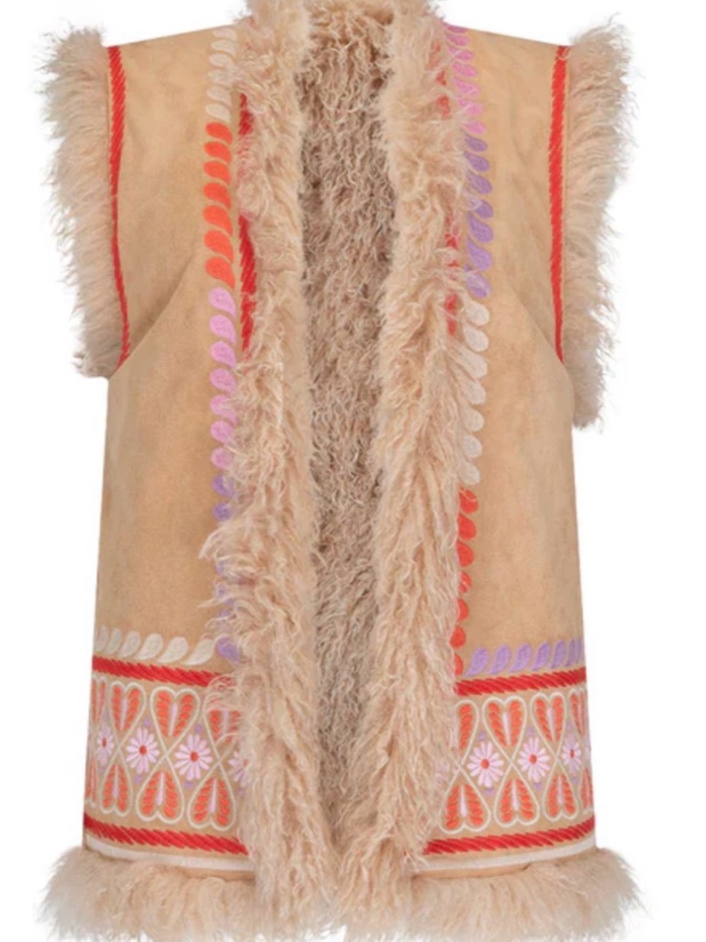 Spell Tan Floral Embroidered Faux Fur Trim Vest - Picture 6 of 9